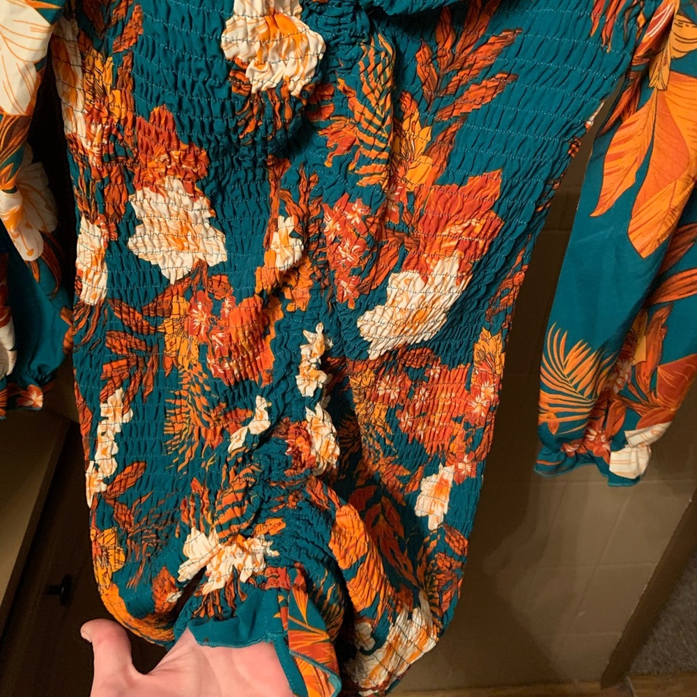 NWT PRETTYGARDEN Teal Floral Smocked Long-Sleeve Tunic Midi Dress - Picture 4 of 7